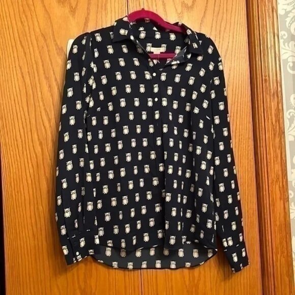 J. CREW Blue Owl Print Shirt Button Front Blouse - Picture 1 of 4
